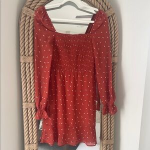 Red Floral Smocked Long Sleeve Dress